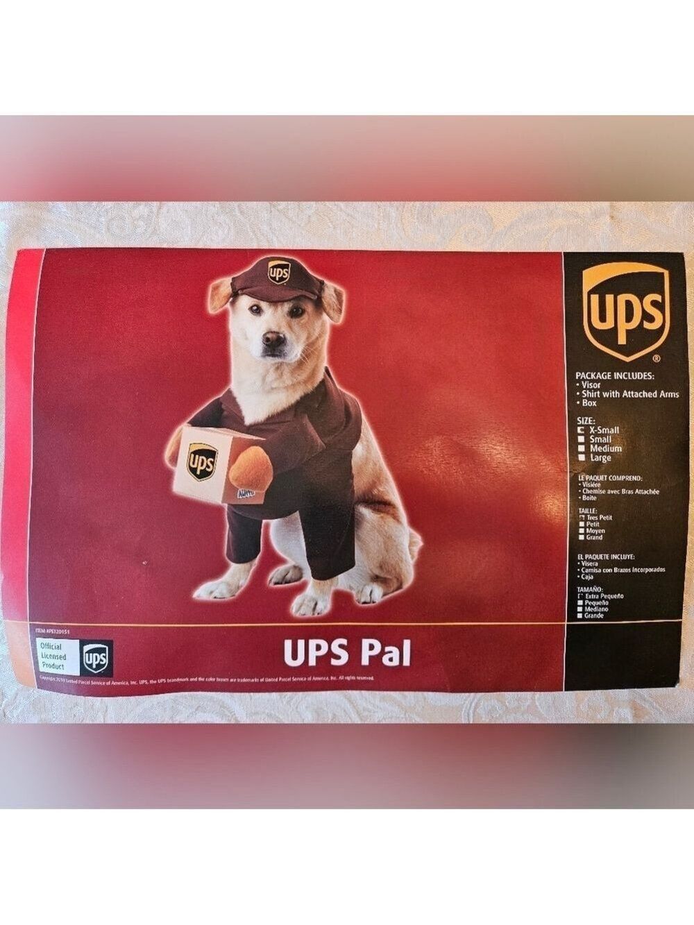 UPS Pal Dog Costume, Mailman, Letter Carrier, Courrier, Arms Holding Box, Hat XS
